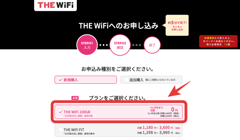 THE WiFi申込みページ